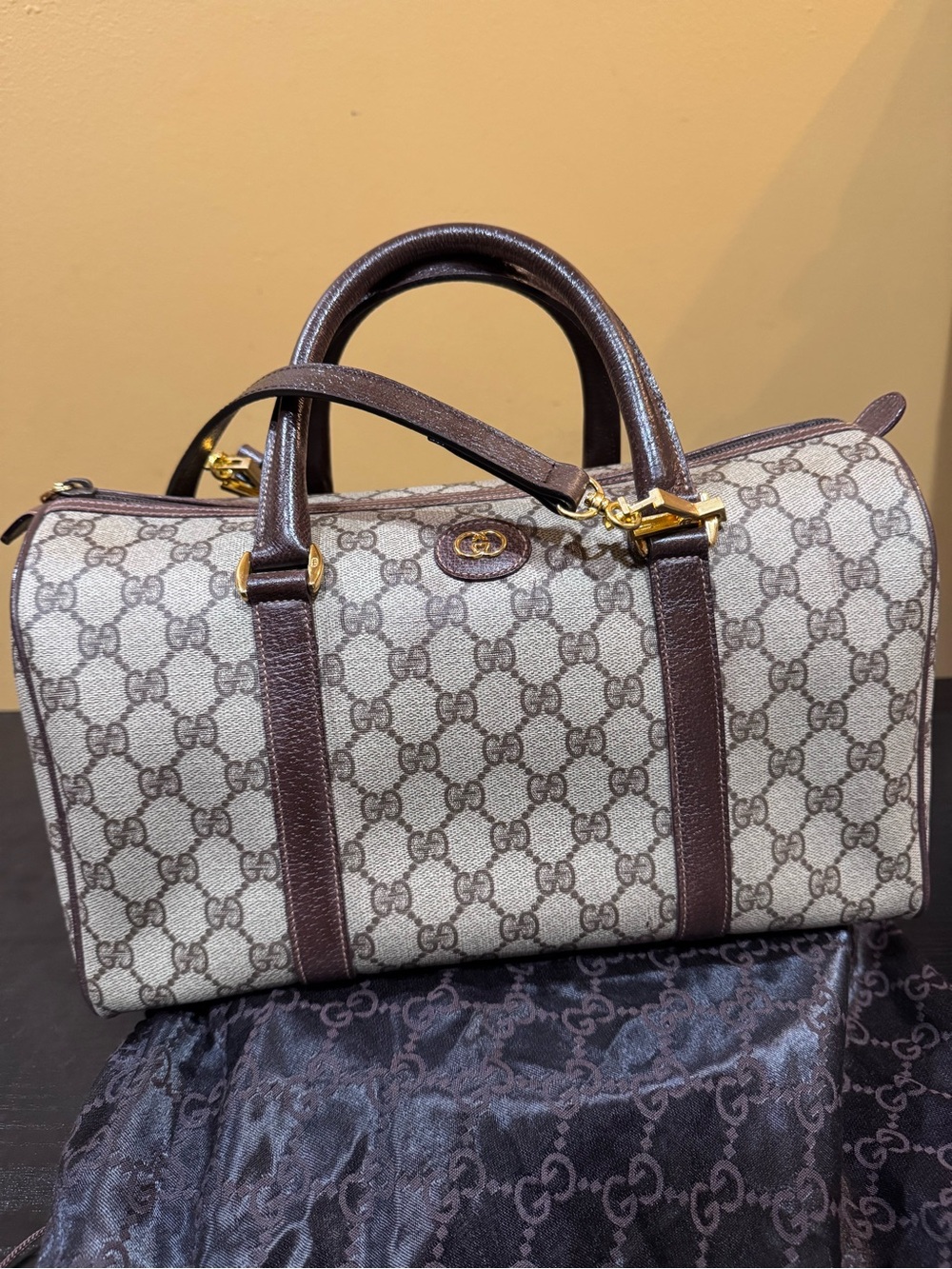 Gucci Beige GG Canvas & Leather Boston Satchel with Gold Hardware, Dust Bag